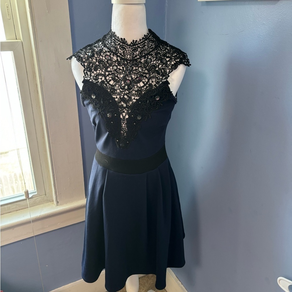 Black Fit and Flare Mini Dress with Mock Neck